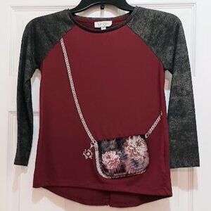 Jessica Simpson Girls size M maroon, gray 3/4 sleeve top w/silver sparkles